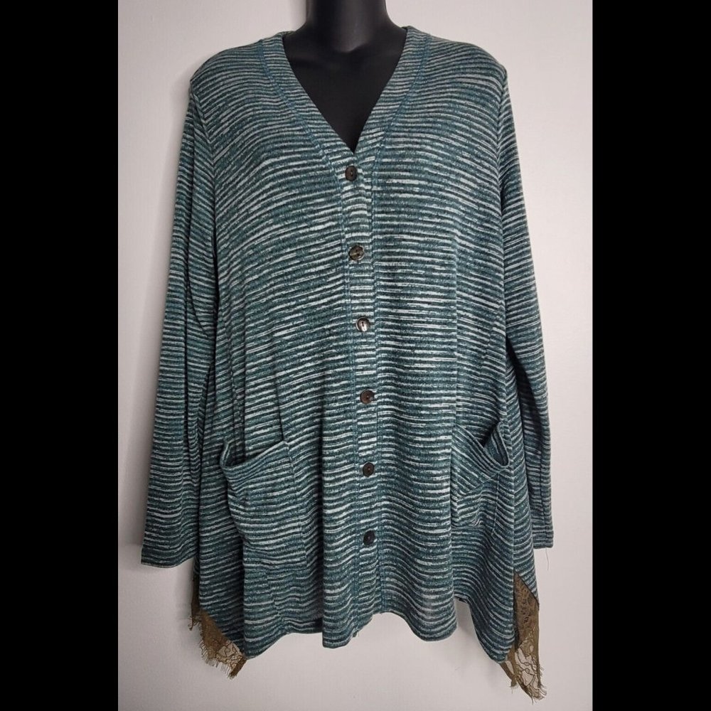 LOGO Lori Goldstein Tunic Shirt Womens Medium Green Striped Button Down Pockets
